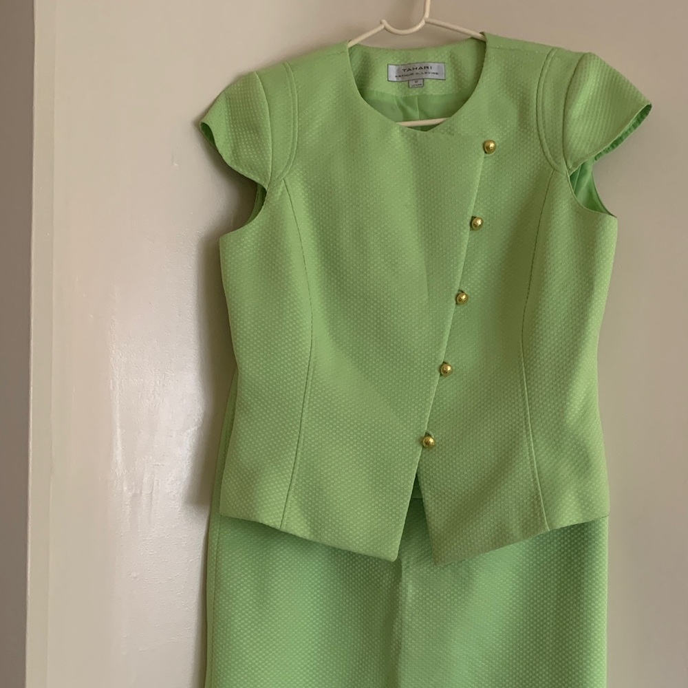 Tahari Lime Green Cap-Sleeve Midi Dress with Gold Buttons